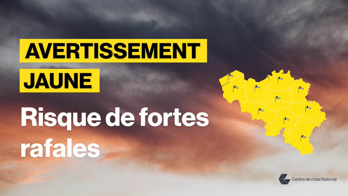 CrisiscenterBE's tweet photo. ⚠️@meteobefr prévoit de fortes rafales de vent ce soir et cette nuit. Entre vendredi midi et la nuit de samedi, tempête qui peut évoluer en alerte orange. Numéro 1722 activé. Plus d’infos sur les bons réflexes à adopter en cas de tempête 👉 https://t.co/vBhTz27RFZ https://t.co/5zRAN7KkEQ