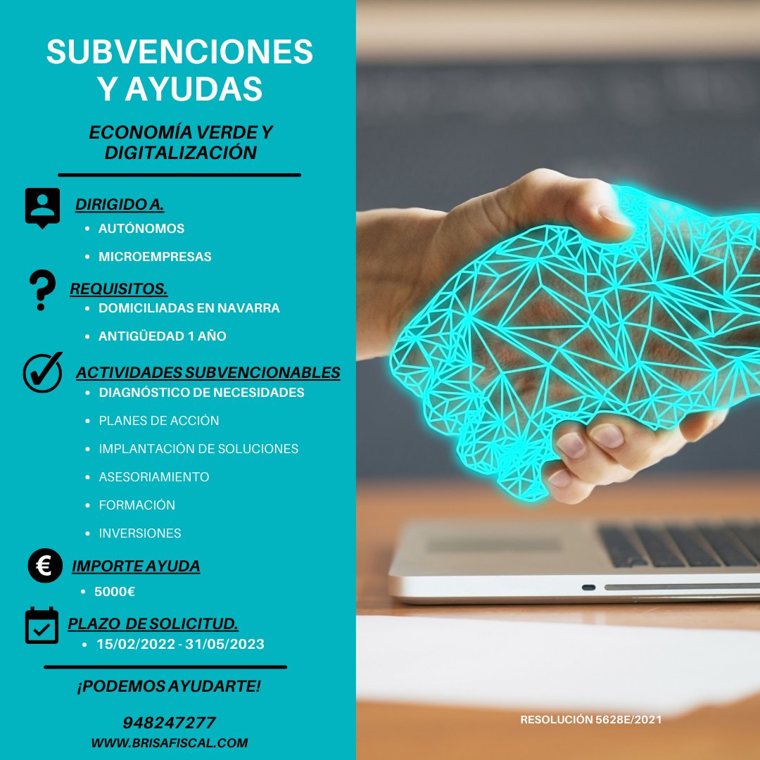 BRISAFISCAL's tweet image. Aprobada las subvenciones para la transformación productiva de personas autónomas y microempresas hacia la economía digital y verde. 
Presentación de solicitudes desde el 15/02/2022 hasta el 31/05/2022.
Pueden contactarnos en el 948 247 277.
#Subvenciones #Autónomos #empresas