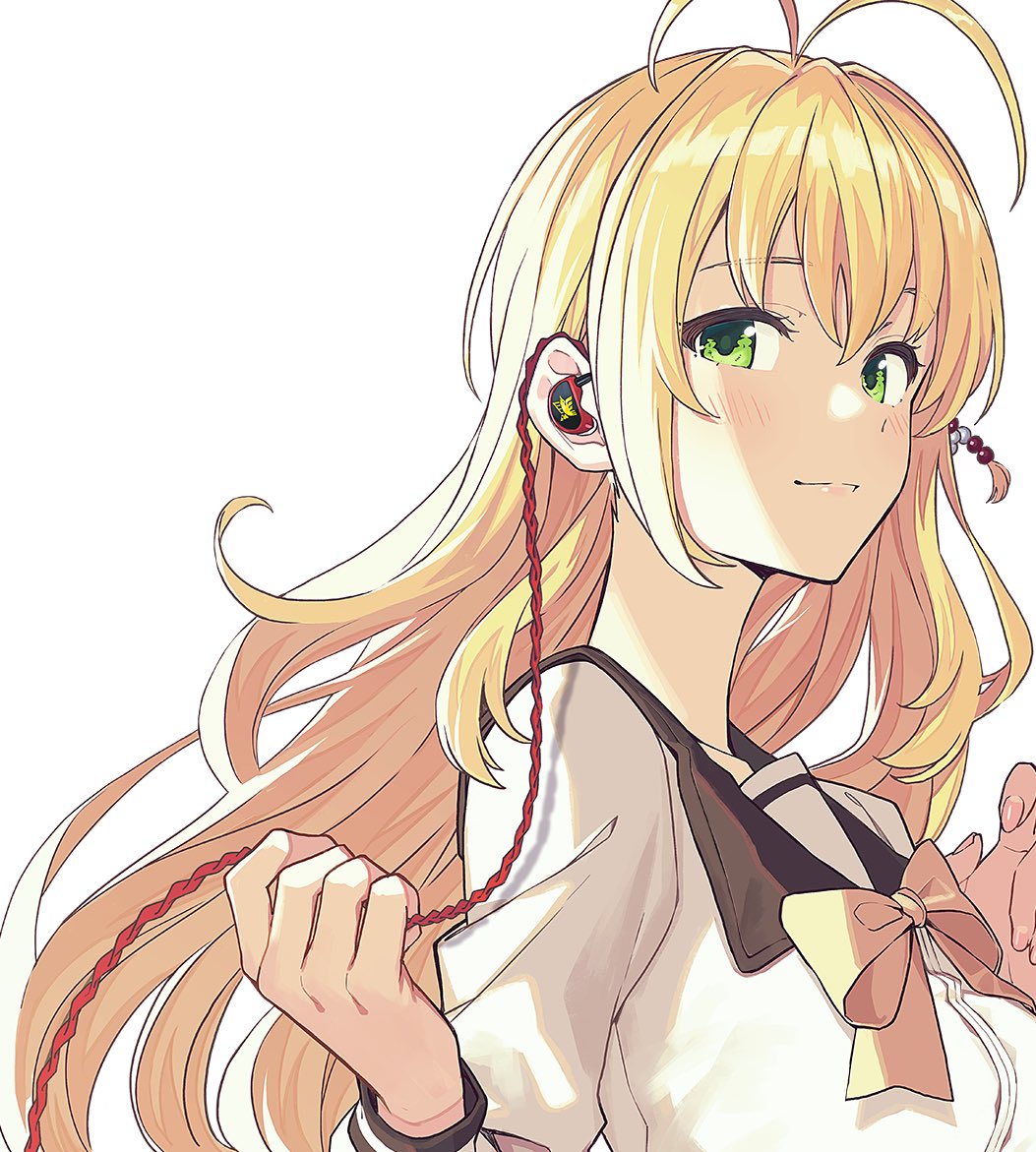 tsurumaki maki 1girl solo blonde hair long hair green eyes antenna hair white background  illustration images