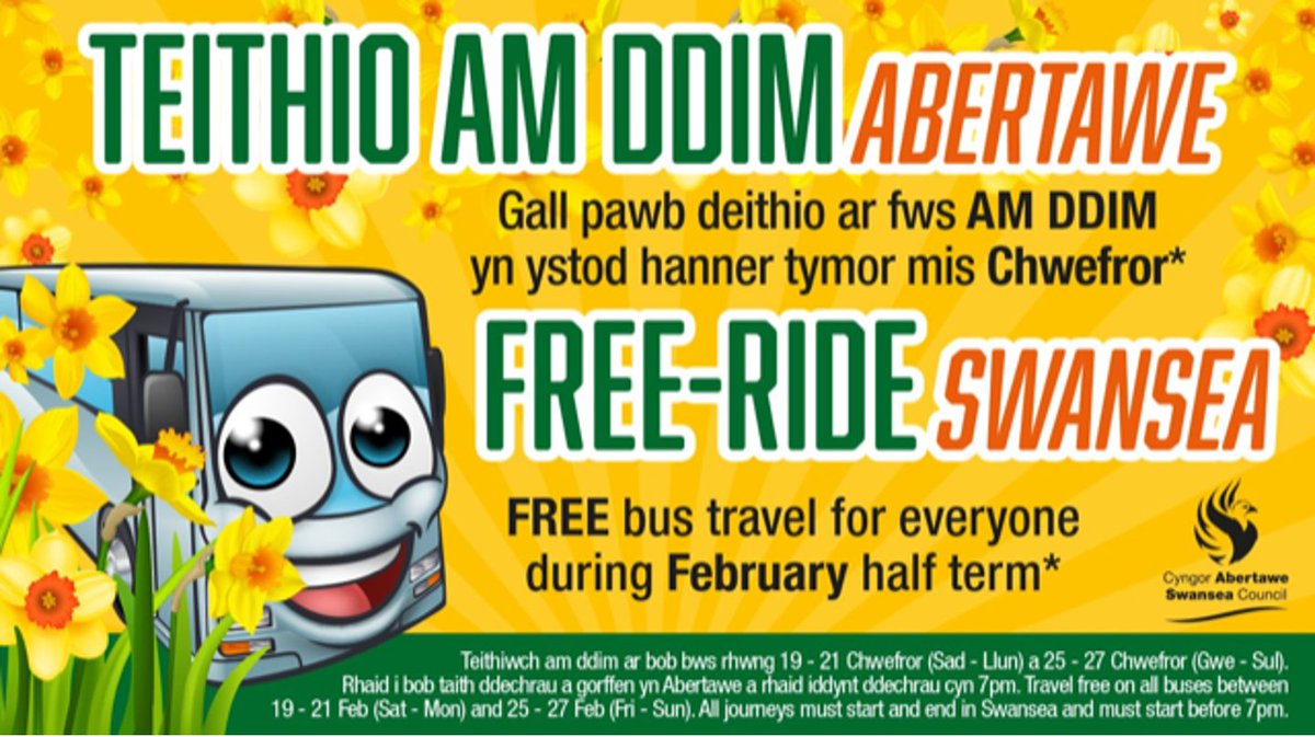 SwanseaBID's tweet photo. The very popular #FreeRideSwansea bus is back for the half term break. Please share to let consumers know they can head to Swansea for free:
β
19-21 Feb
β
25 - 27 Feb
β
Before 7pm.
β
All journeys must start and end in Swansea π
#LoveSwansea https://t.co/KeaYM184nX