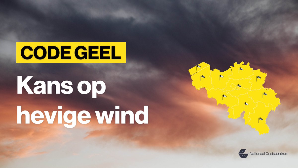 ⚠️<a href="/meteobenl/">KMI</a> voorspelt hevige rukwinden voor deze avond en nacht. Tussen vrijdagmiddag en zaterdagnacht wordt storm verwacht die kan evolueren naar code oranje. 1722 is geactiveerd. Meer info over wat te doen bij storm 👉 crisiscentrum.be/nl/risicos-bel…
