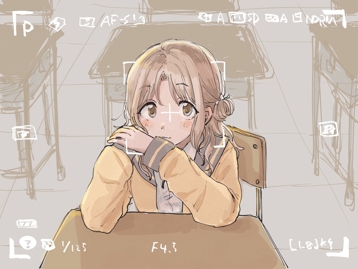 ichikawa hinana 1girl solo hair bun yellow cardigan desk school uniform single hair bun  illustration images