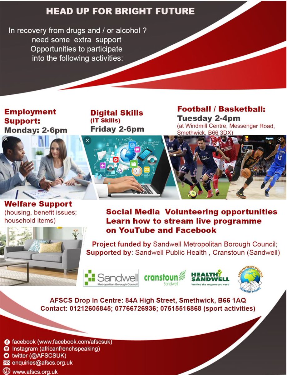 The African French Speaking Community Support organisation in #Smethwick has some exciting opportunities and activities to support and #empower people in #recovery. Why not get involved and make some positive changes for the future? More info &amp; contact details below ⬇️
<a href="/AFSCSUK/">AFSCS</a>