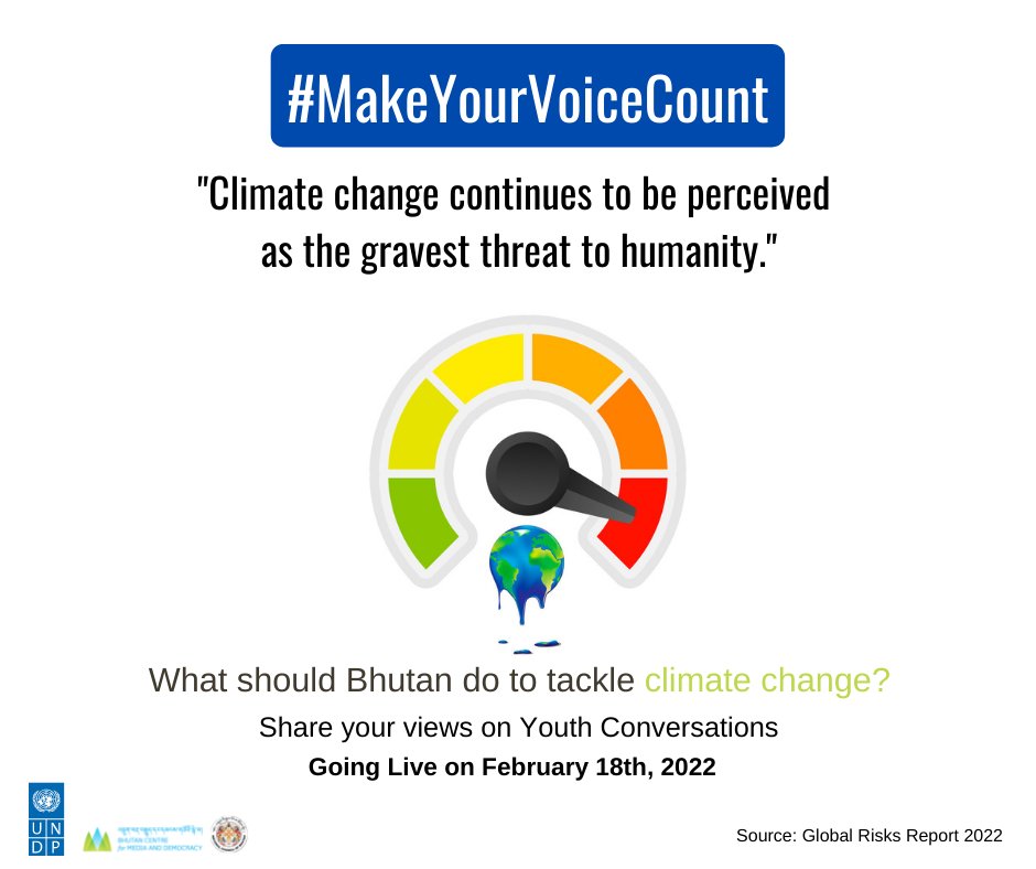 UNDP_Bhutan's tweet photo. 📣Calling youths in #Bhutan!

Did you know that #ClimateChange is one of the biggest existential threats facing the humanity? What should 🇧🇹 do to tackle it? #MakeYourVoiceCount with #YouthConversations for #people &amp; #planet. 

Youth Conversations is going Live on 1⃣8⃣ Feb 2022. https://t.co/wXJbwd3cCa