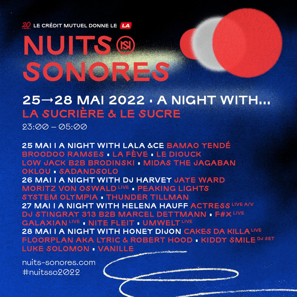 A NIGHT WITH... MERCREDI 25 → SAMEDI 28 MAI 2022 🌛

🎟 Tous les pass &amp; billets à l’unité pour les Days et A night with... sont en vente, une seule adresse 👉 nuits.so/billetterie2022
👀 Après les programmes principaux, on se retrouve en mars pour la suite !

#nuitsso2022