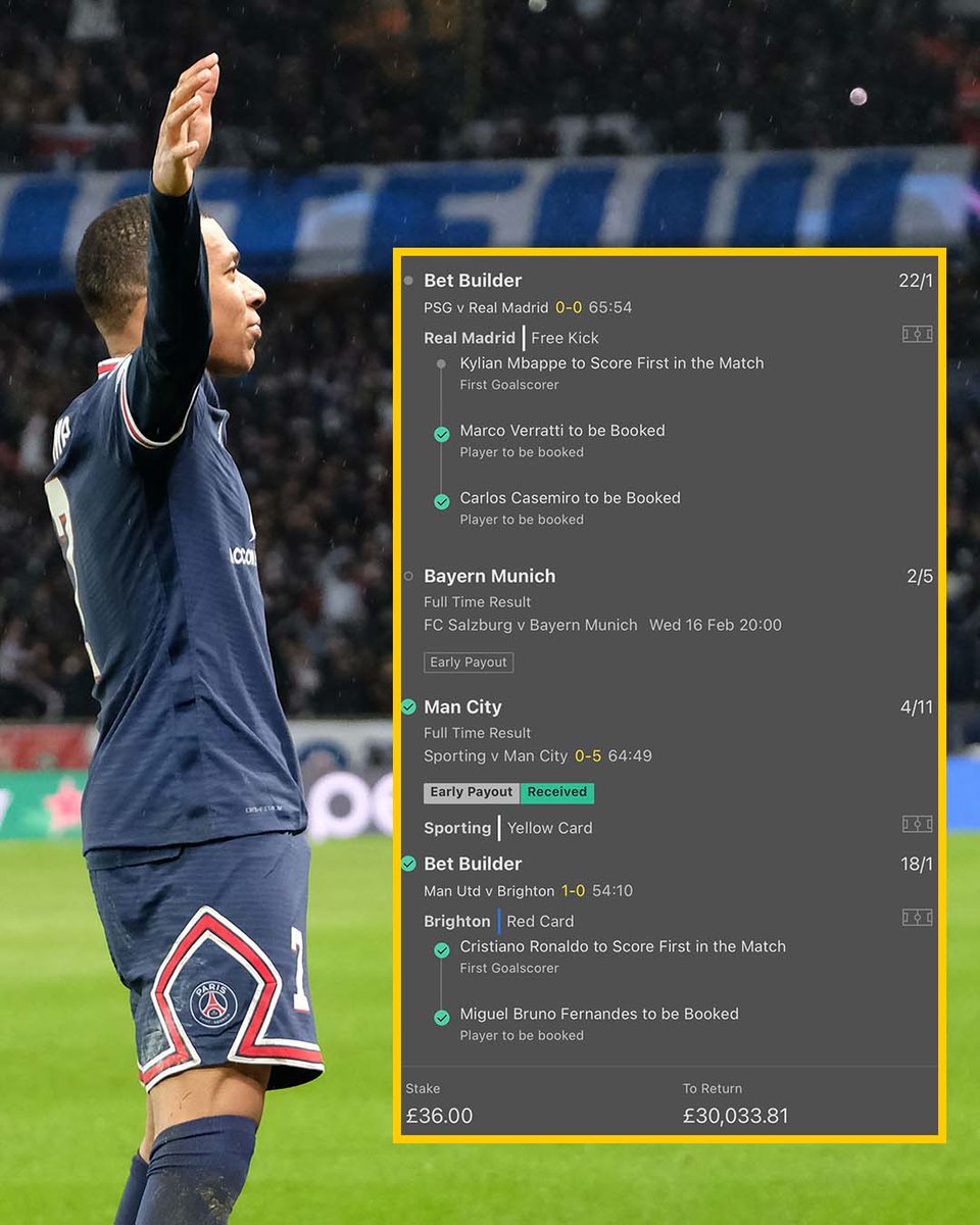 One of the most painful cash outs ever? 😱

<a href="/RevoltRobbieYT/">r</a> cashed this bet out for £2,068, a few minutes later Mbappe scored 😢 

If he let it run, he would have been a Bayern win away from winning £30,000 😳