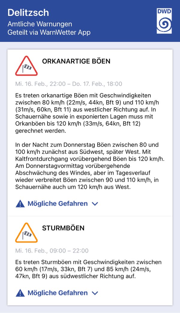 Feuerwehr_DZ's tweet photo. Aktuelle #Warnung des #dwd vor #orkanartigen Böen
#sturm #unwetter #wind #delitzsch #nordsachsen https://t.co/hhnVOkvVgr