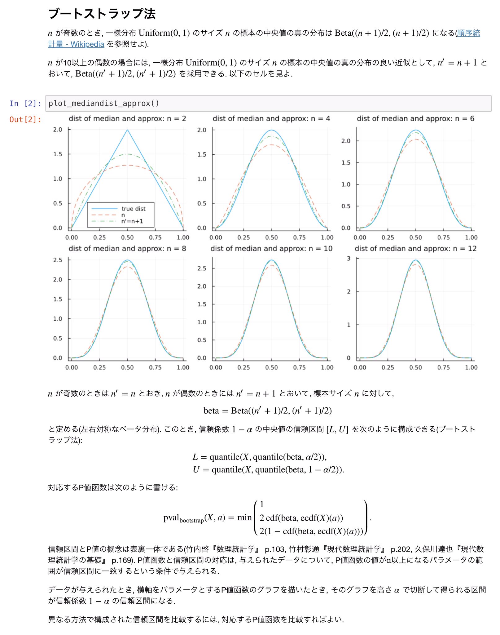 黒木玄 Gen Kuroki 統計 ブートストラップ法はモンテカルロシミュレーションで実装するのが易しいが 中央値の信頼区間の構成では ベータ分布に帰着する方法の方が計算量的には圧倒的に効率的です そのとき非自明なのはnが偶数にときにはnを1個増やして
