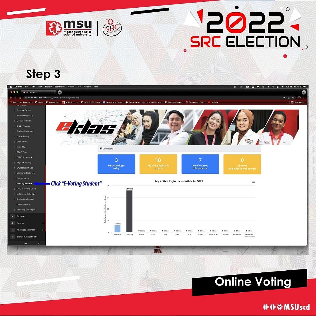 MSUscd's tweet photo. Donโt forget our campus elections tomorrow! You may also do it online through your EKlas by following this step. Happy voting!
@MSUmalaysia
@MohdShukriYajid
#SRCelection
#choosewisely https://t.co/GmLs7FaEch