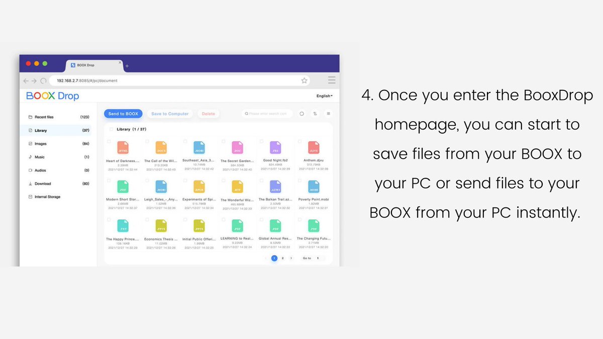OnyxBoox's tweet photo. #TipsAndTricks We want to make your file transfer effortlessly. So from firmware V3.2, we have developed a new app called #BooxDrop. Please follow the steps in the pictures to connect your BOOX with your PC. Once you've done so, you can transfer files in two ways instantly. https://t.co/HFh4Q0zcqM