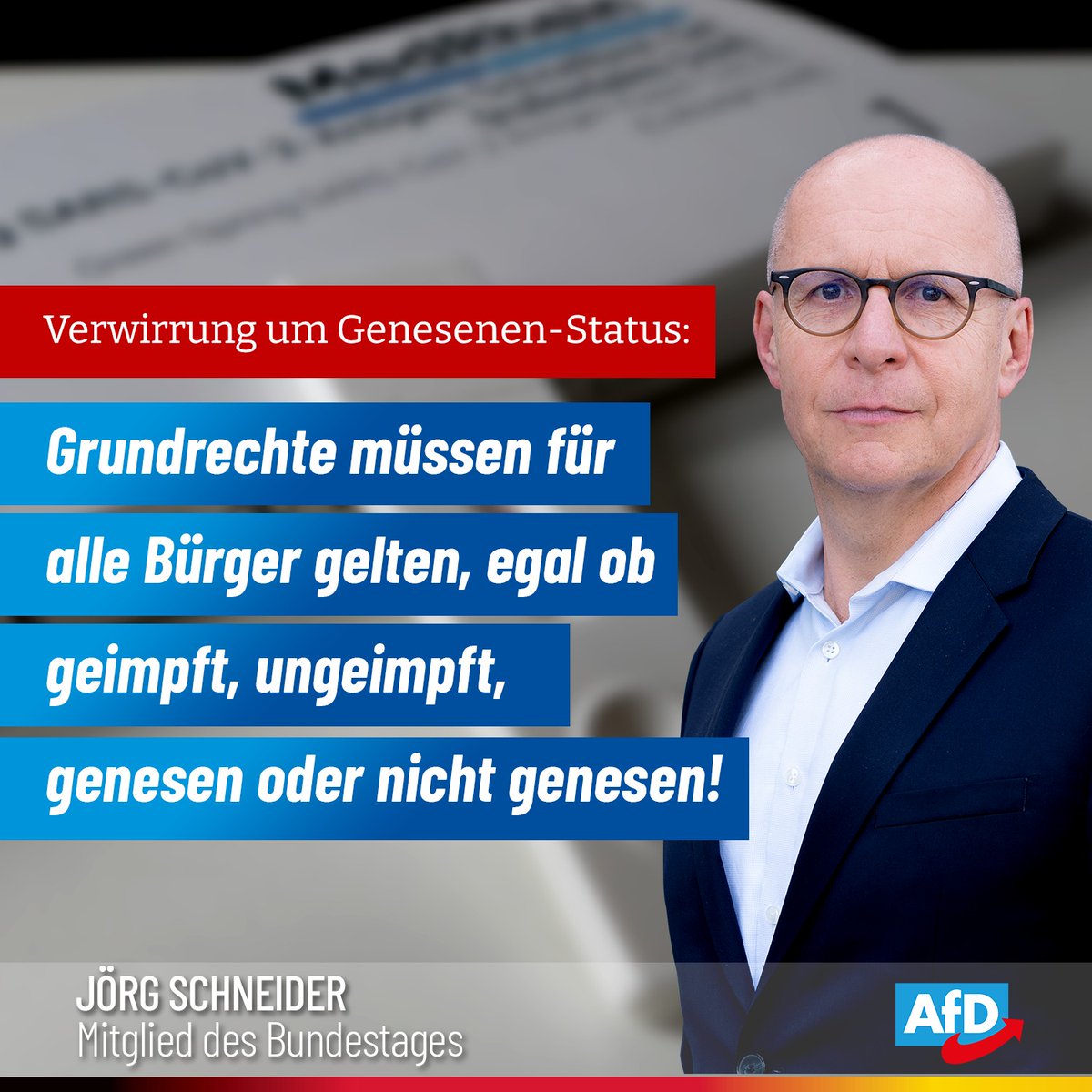 Während der Genesenen-Status in der Schweiz verlängert wurde, verkürzte das #RKI den Status willkürlich von 6 auf 3 Monate. Wir dürfen nicht vergessen: #Grundrechte müssen für alle Bürger gelten, egal ob geimpft, ungeimpft, genesen oder nicht genesen! facebook.com/JoergSchneider… #AfD