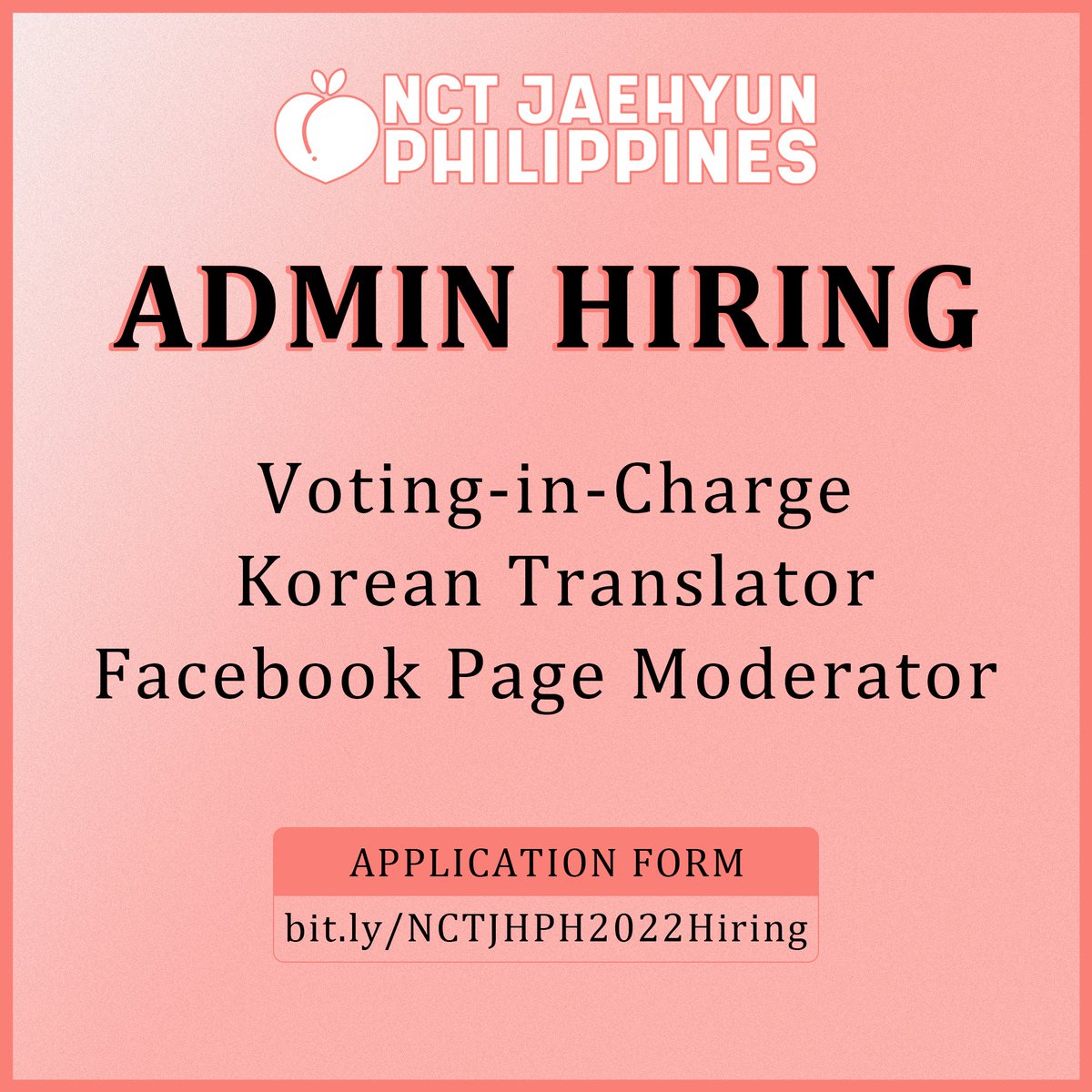 [ADMIN HIRING]

Hello, PH Valentines!!

NCT JAEHYUN PH is now looking for new admins who can be:
• Voting-in-Charge
• Korean Translator
• Facebook Page Moderator

Full info &amp; application form: bit.ly/NCTJHPH2022Hir…

See you on-board!🍑

#JAEHYUN #재현 #NCT재현 #NCT #NCT127