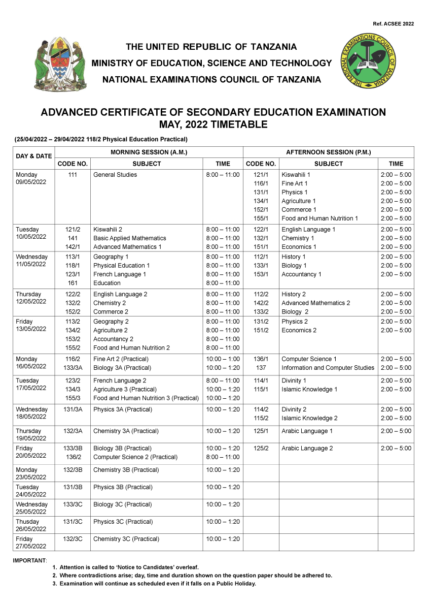Necta Tanzania on Twitter "ACSEE 2022 TIMETABLE https//t.co/hpG6fdRuXk" / Twitter