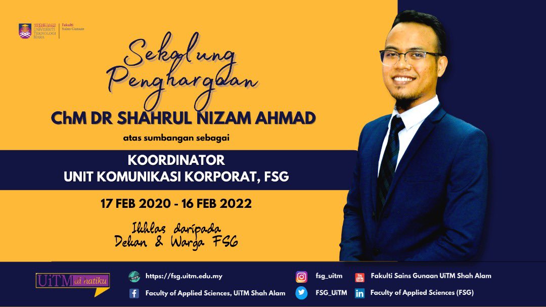FSG_UiTM's tweet photo. Sekalung penghargaan buat ChM Dr Shahrul Nizam Ahmad atas sumbangan sebagai Koordinator Unit Komunikasi Korporat FSG! https://t.co/y2LELeqkao
