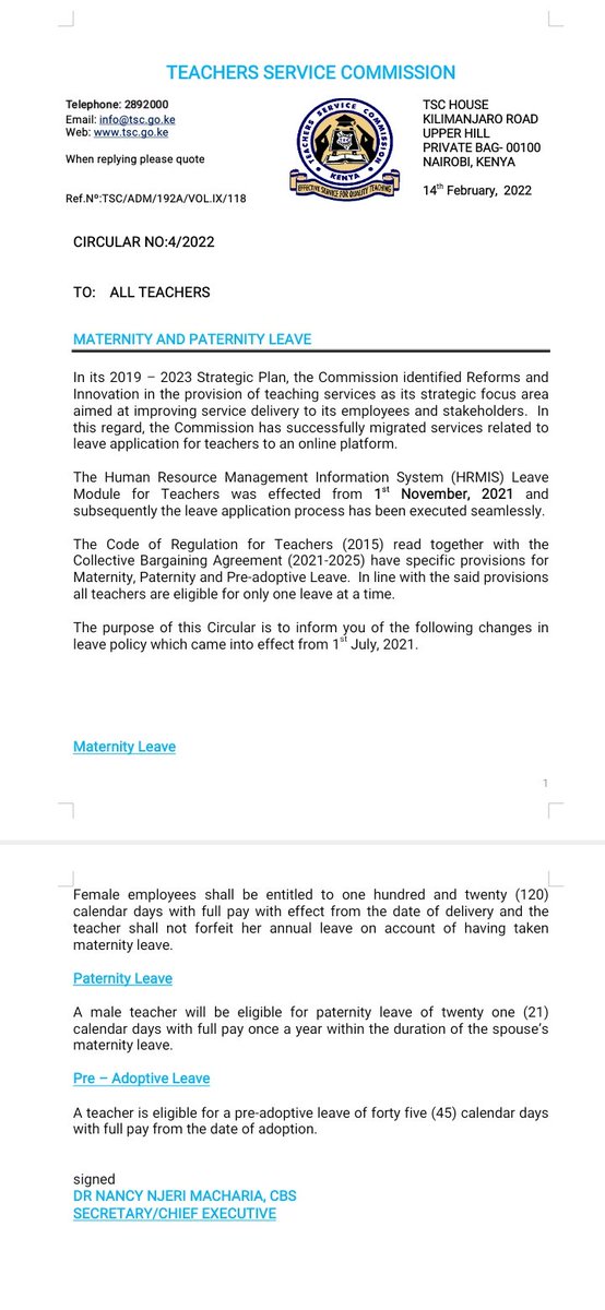 KUPPET KENYA OFFICIAL PAGE (@kuppetp) on Twitter photo TSC Circular No. 4/2022 on maternity, paternity and pre-adoptive leave. The circular dated 14th February 2022 is out. TSC Circular No. 4/2022 on maternity, paternity and pre-adoptive leave. The circular dated 14th February 2022 is out.
