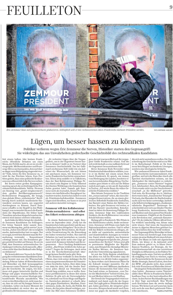 "Zemmour contre l'histoire" (<a href="/TractsGallimard/">TractsGallimard</a>) porté à la connaissance du public allemand par un bel article de @NadiaPantel dans la <a href="/SZ/">Süddeutsche Zeitung</a>, qui conclue que son succès dément ceux qui dévalorisent la parole historienne.