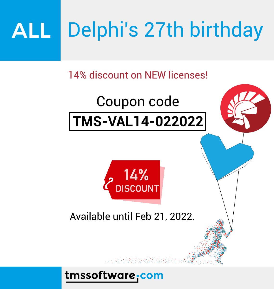 TMSsoftwareNews's tweet photo. Still few days left!
Celebrate #Delphi27th with us and get 14% discount on all NEW TMS licenses!
#Delphi27th #delphi #development https://t.co/B3b8ZniauF