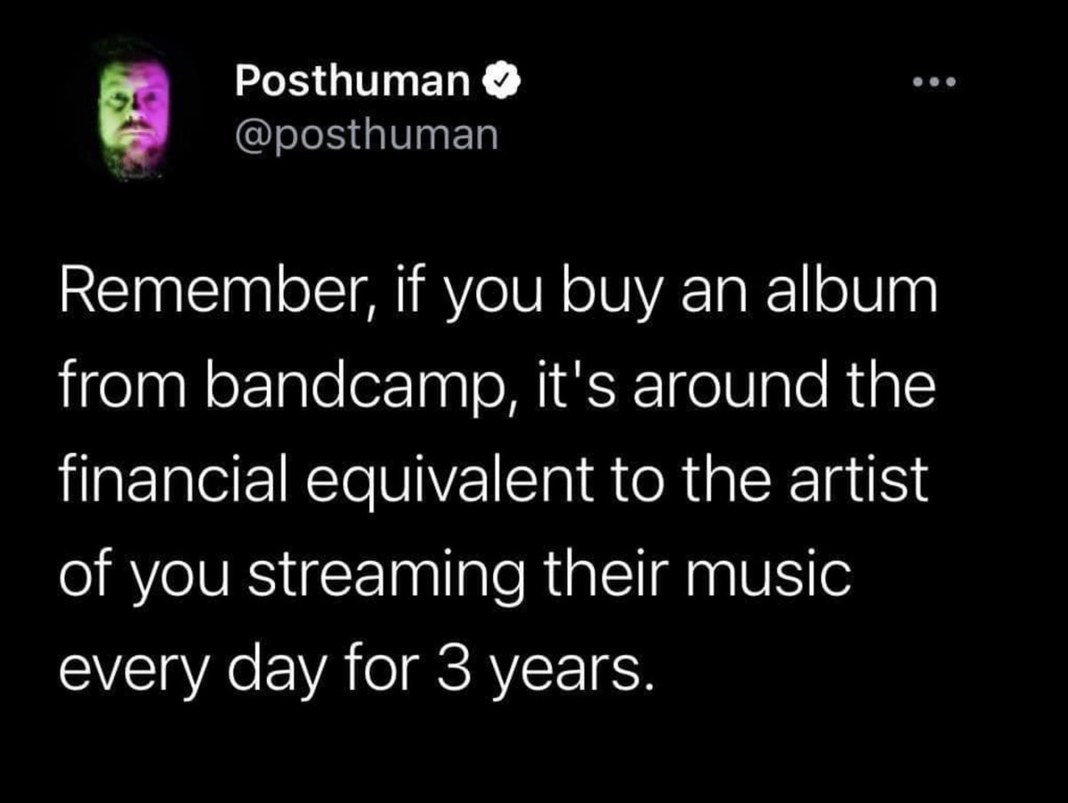 hiddeninthesand's tweet photo. I mean, it kinda depends on how you're doing your math... but the idea is there and it's correct. Spotify is a necessary evil, but, if you're really looking to support your favorite musicians, @Bandcamp is the way. https://t.co/w35l9zyqrp