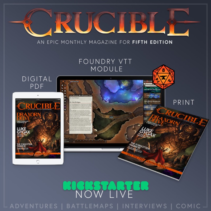 Roleplayfactory's tweet photo. We are proudly sponsored by Crucible Magazine!

Whose #kickstarter is now LIVE! 

If you follow the link; you can download their Launch Issue for free! Where you can gawp at the maginifcent art &amp; design that accompanies some great stories!

So get to it &amp; pledge!

#DnD #TTRPGs