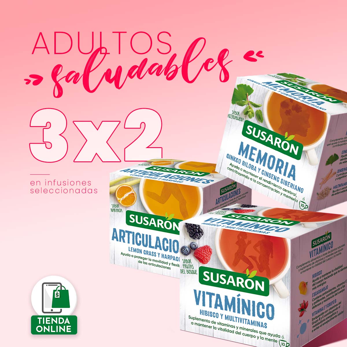 SusaronES's tweet image. Es el momento de sentirte bien.😊¿Sabes cómo? Con la promo que hemos preparado para ti.😄

📢 3x2 en Articulaciones, Memoria, Colesterol, Vitamínico, Vigorizante y Pelo Fuerte. ¡Podrás combinarlas como quieras y gratis la de menor coste! 📢