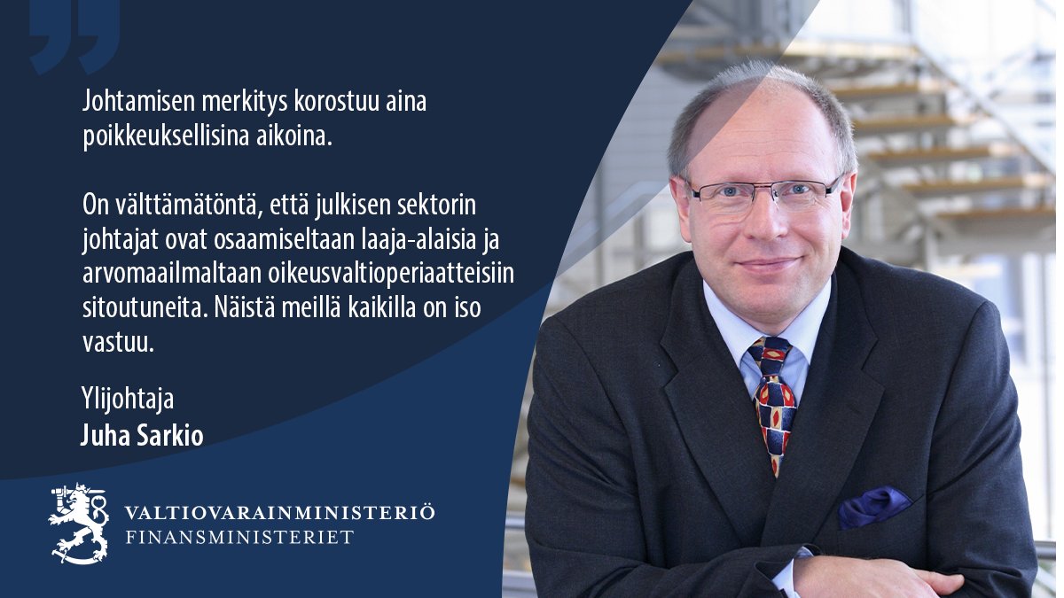 Ylimmän johdon rekrytoinneissa harkintavalta ja vastuu on ministeriöillä, totesi @JuhaSarkio esitellessään valtionhallinnon Julkisen johtamisen kehittämishankkeen peruslähtökohtia.

#JulkinenJohtaminen