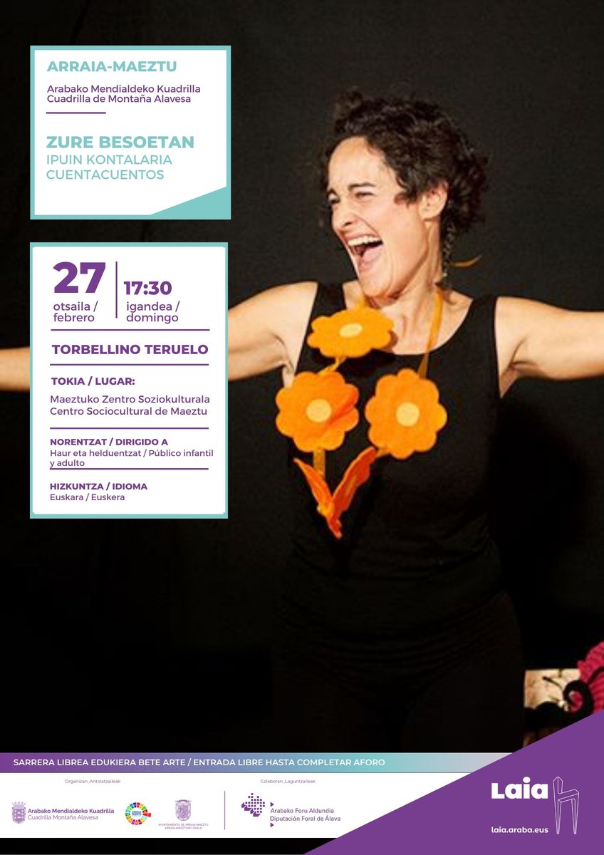 LaiaAraba's tweet photo. Cuentacuentos familiar, con Torbellino Teruelo
La obra 'En tus brazos' llega a Maeztu
¡No te quedes sin verla!
📍Centro sociocultural (Maeztu)
🗓️27 de febrero, domingo
⏰ 17:30
🗣️Euskera
➡️https://t.co/LqxiBC4vm4
#LAIAeskolaMAEZTU
#LAIAaraba https://t.co/bxPsXPbj0x