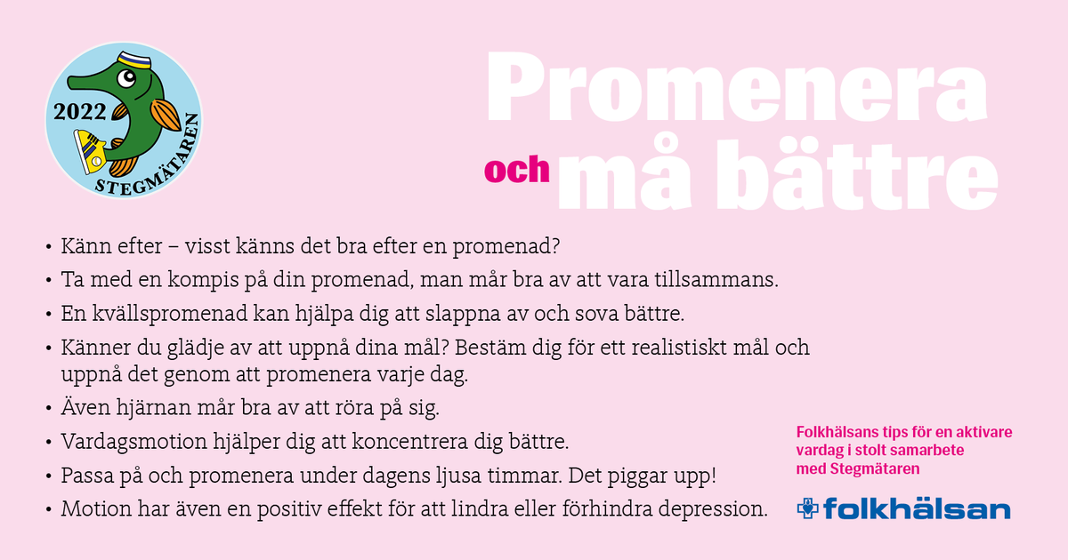 Folkhalsan's tweet photo. Vardagsmotion förbättrar inte bara motionen och den fysiska hälsan, den är också bra för det psykiska välmåendet. Folkhälsan är stolt med och stöder @NylandsNation stegkampanj #stegmätaren

#Folkhälsan #vardagsmotion #steg #promenad #hälsa #psykiskhälsa https://t.co/tQ1lKSk8T7