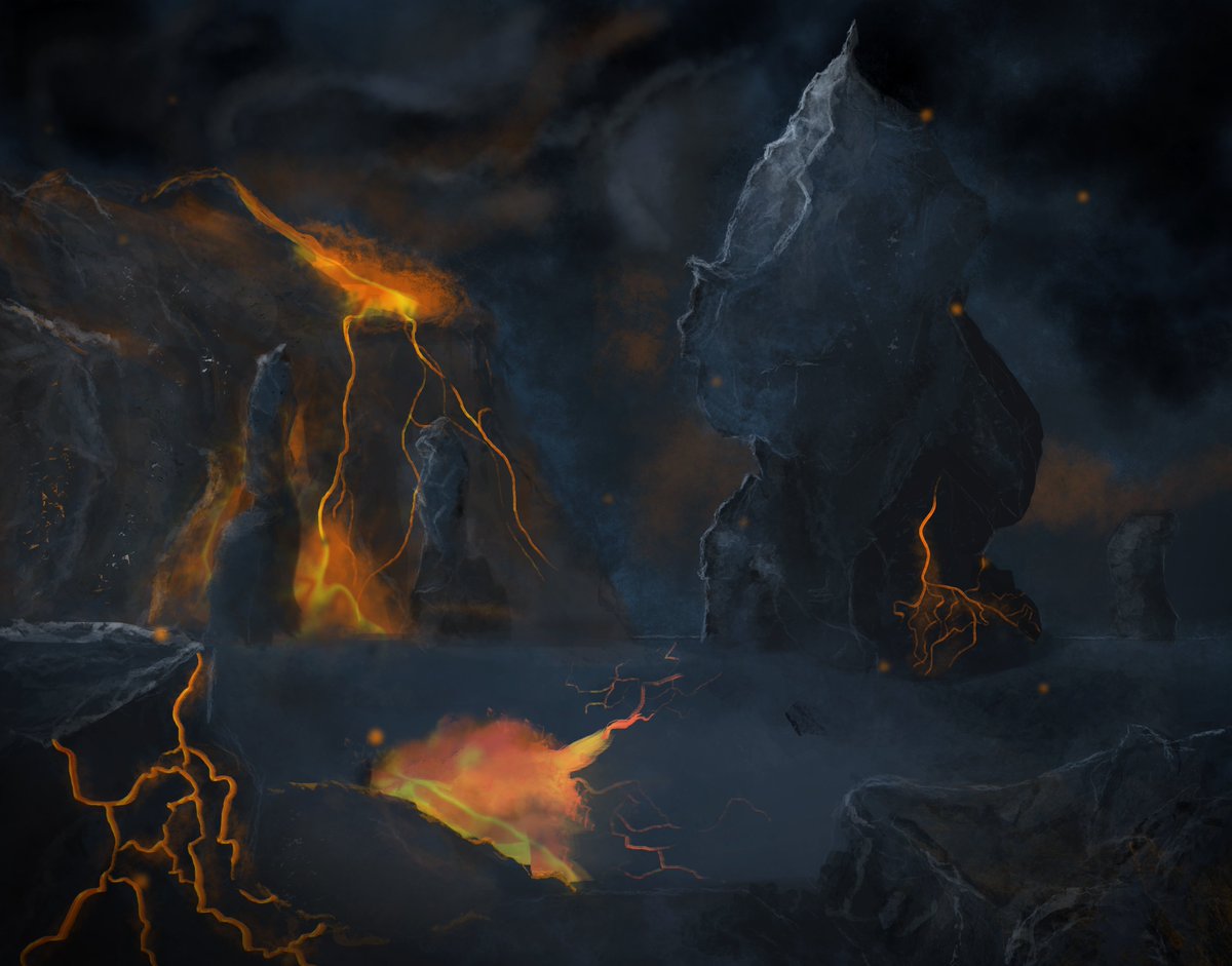 RK_Gallichan's tweet photo. 🌋Pillars of the Infernal🌋
Created by The Lord of the Infernal Star; God of the sun Inferno, he infused his influence upon Ark'ala. Solid magma spires reach into the smoky sky, whilst lava glows in the darkness. 

#fantasy #art  #landscape #ttrpg #Writer  #amwritingfantasy https://t.co/QjCWMFq5he