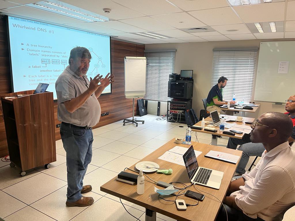 ZA_CR's tweet photo. The much sought after #IntroDNSTraining is presented by Mr. Johan Stenstam who holds a degree in Engineering Physics from @KTHuniversity & @MarkJElkins a certified CCIE (Cisco Engineer) & co-founder of Domain Name Services (PTY) Ltd #dnstraining @dotZADNA @dns_business https://t.co/hCh4gVIKDX