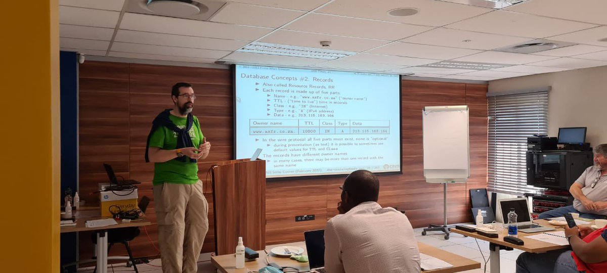 ZA_CR's tweet photo. The much sought after #IntroDNSTraining is presented by Mr. Johan Stenstam who holds a degree in Engineering Physics from @KTHuniversity & @MarkJElkins a certified CCIE (Cisco Engineer) & co-founder of Domain Name Services (PTY) Ltd #dnstraining @dotZADNA @dns_business https://t.co/hCh4gVIKDX