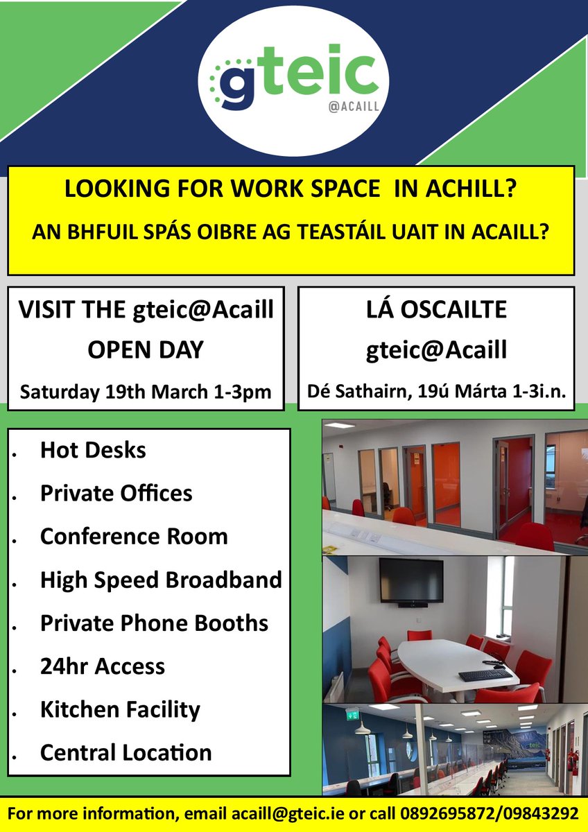 AchillEXP's tweet photo. An bhfuil tú ag lorg spás oibre in Acaill? Cén fáth nach dtagann tú isteach sa GTEIC Dé Sathairn, 19ú Márta 2022 ó 1-3i.n. dár lá oscailte.

Looking for workspace in Achill? Call in to gteic@Acaill on Saturday 19th March from 1-3pm for the gteic open day.

#openday #achill #gteic https://t.co/tRDuGvlqlH