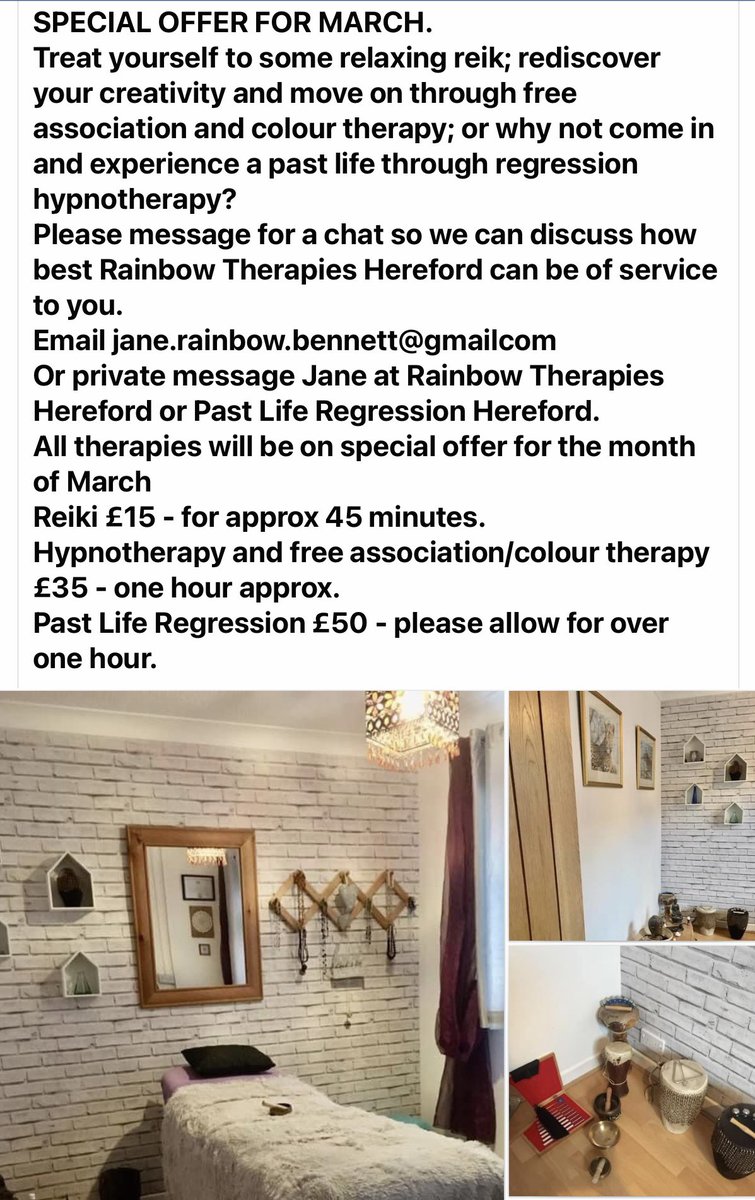 RainbowHereford's tweet photo. #hypnotherapy #reiki #march #SPECIALOFFER #hereford #rainbowtherapieshereford #pastliferegression #pastlives #healing #lettinggo #movingon #therapy #herefordshire https://t.co/8RQRJtgd5l