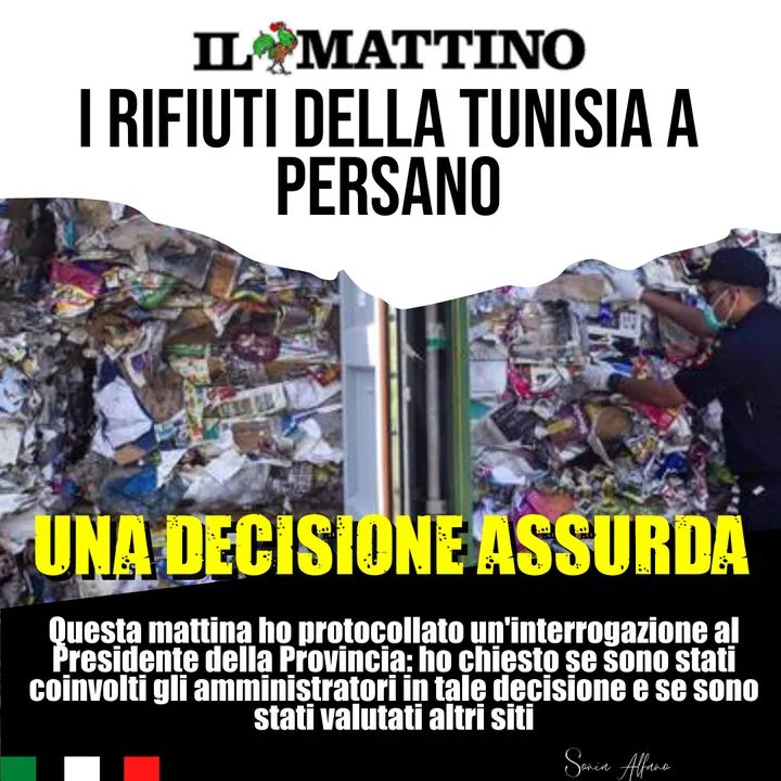 Stamattina ho protocollato un'interrogazione al Presidente Strianse sulla questione rifiuti provenienti dalla Tunisia: credo che ci debba essere la massima chiarezza ed ascolto sulla vicenda

#FratellidItalia #rifiuti