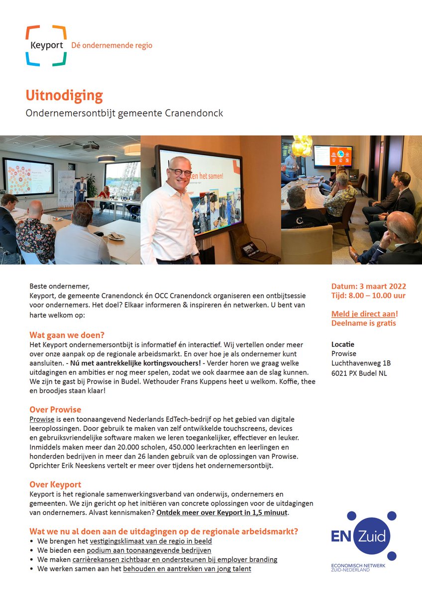 Ben je ondernemer in Cranendonck? Kom dan op 3 maart naar het ondernemersontbijt, georganiseerd door Keyport, OCC en gemeente Cranendonck. Meld je gratis aan via keyport.nl/agenda-item/ke…