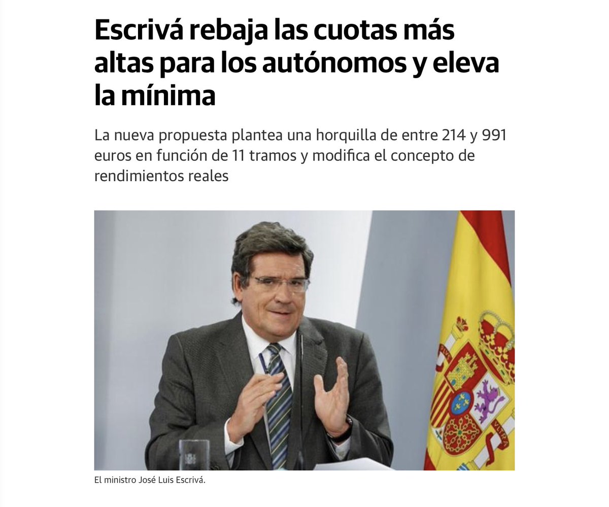 La propuesta de Escrivá sobre l@s autónomos es inasumible. 

Le emplazamos a retirar la propuesta, a escuchar a los colectivos, y a que trabaje para implementar un sistema justo y que de respuesta a la precariedad en la que se encuentra buena parte del colectivo. 

(1/4)