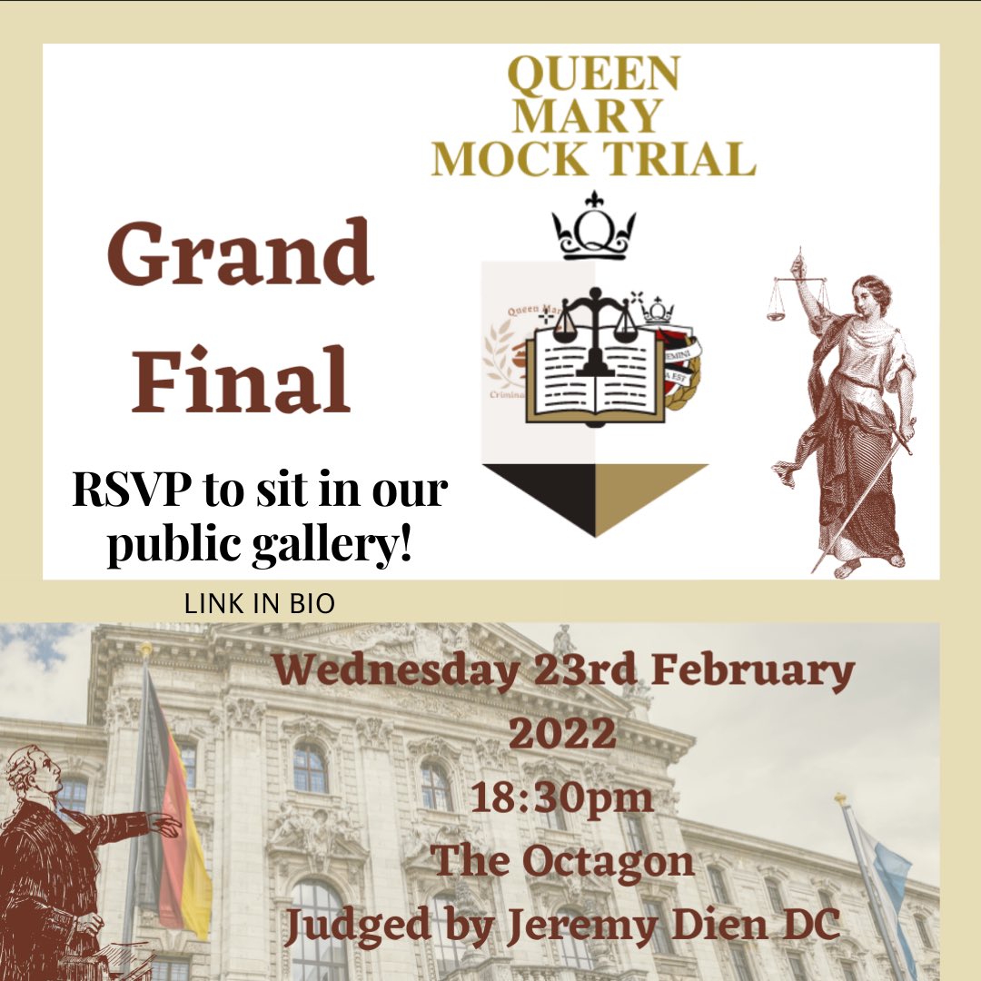 Join us on WEDNESDAY 23rd FEBRUARY at 6:30pm to watch the Grand Finals of the QM Criminal Mock Trial. This will be held in-person🎉

Be a part of our public gallery and witness a dramatic case play out before you🎭

Link to RSVP: lnkd.in/gPZKQDgx