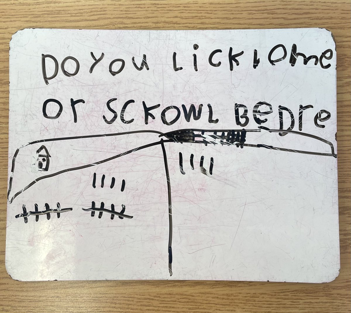 Today’s Kindergarten classroom survey:
<a href="/MaulerMauler/">Mauler</a> couldn’t decipher it. ☺️
Do you know what it says?