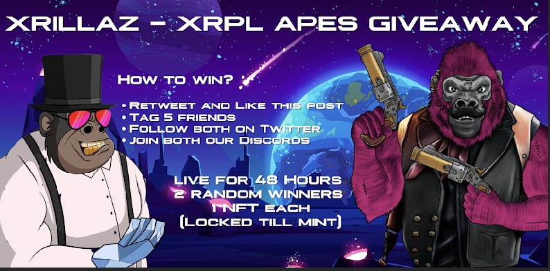 🎁NEW NFT GIVEAWAY🎁

How to win👇

♻️ Retweet and Like
✅ Follow <a href="/XRILLAZ/">XRILLAZ</a> &amp; @Xrpl_Apes 
✅ Tag 5 Friends
✅ Join both Discords (links below)
🕰 48 hrs
👥 Two lucky winners (locked till mint)

discord.gg/XY2CUwTg (XRLZ)
discord.gg/yYYKR32t (Apes)