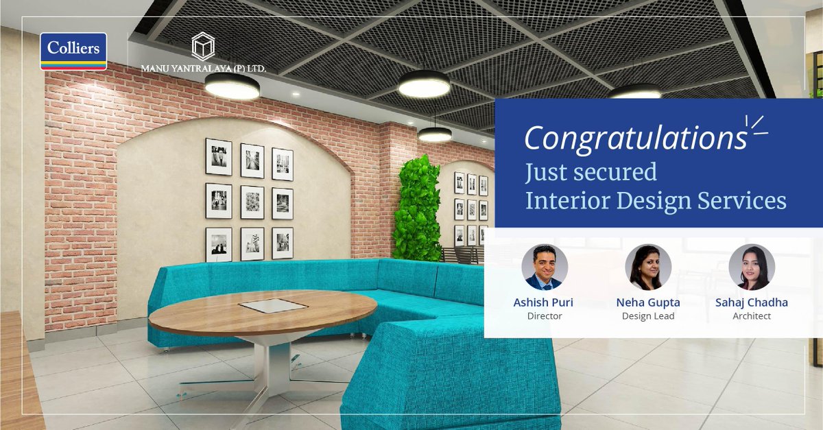 colliers_ind's tweet photo. #JustSecured | Congratulations, Ashish Puri, Neha Gupta, and Sahaj Chadha, for winning a #design project with @ManuYantralaya.
To know more, get in touch with our #projectmanagement experts ➡️https://t.co/GRUgPc4haC
#ColliersIndia #IndiaRealEstate #interiordesign #india https://t.co/aQmidvBpaO