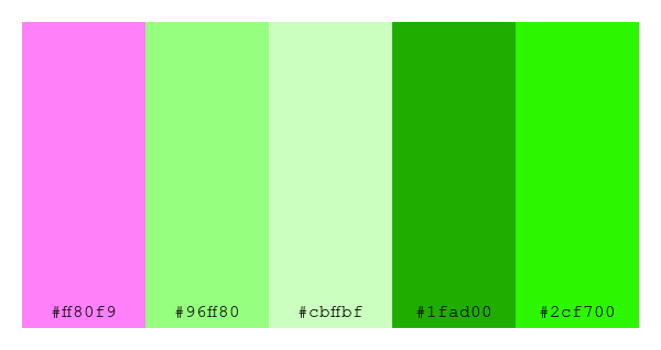 ColPaletteBot's tweet photo. Beep beep, here's a pretty color palette for you!
color-scheme.js parameters used:
- hue: 167
- variation: default
- colors: #ff80f9, #96ff80, #cbffbf, #1fad00, #2cf700
Have a lovely day!
#twitterbot #colorpalette #colors #palette #prettycolors https://t.co/qX3jPgBpwL