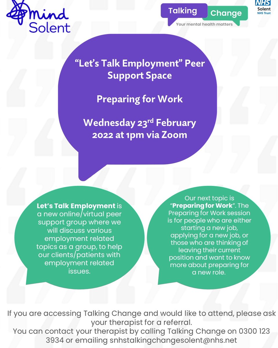 TalkingChange_'s tweet photo. Our Employment Team's next virtual βLetβs Talk Employmentβ forum "Preparing For Work" has been rescheduled to 23/02/2022, at 1pm, via Zoom.
If you are accessing Talking Change, & want to attend, please ask your therapist for a referral.
#employment #solentmind #talkingchange https://t.co/UTvDXvTp8D