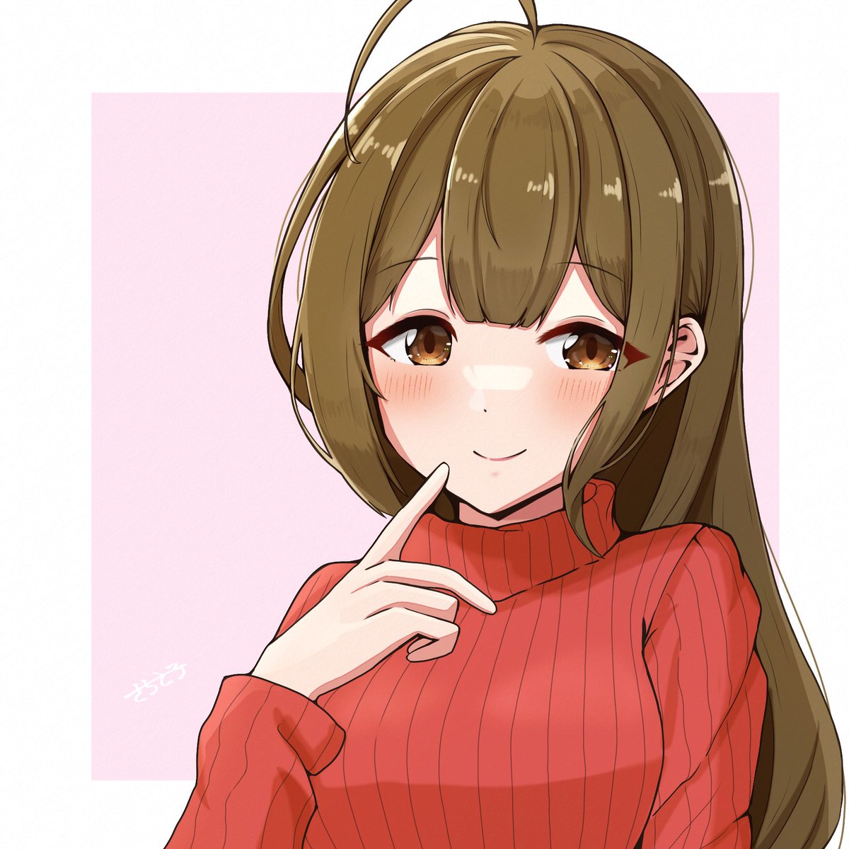 kuwayama chiyuki 1girl solo sweater ahoge brown hair red sweater smile  illustration images