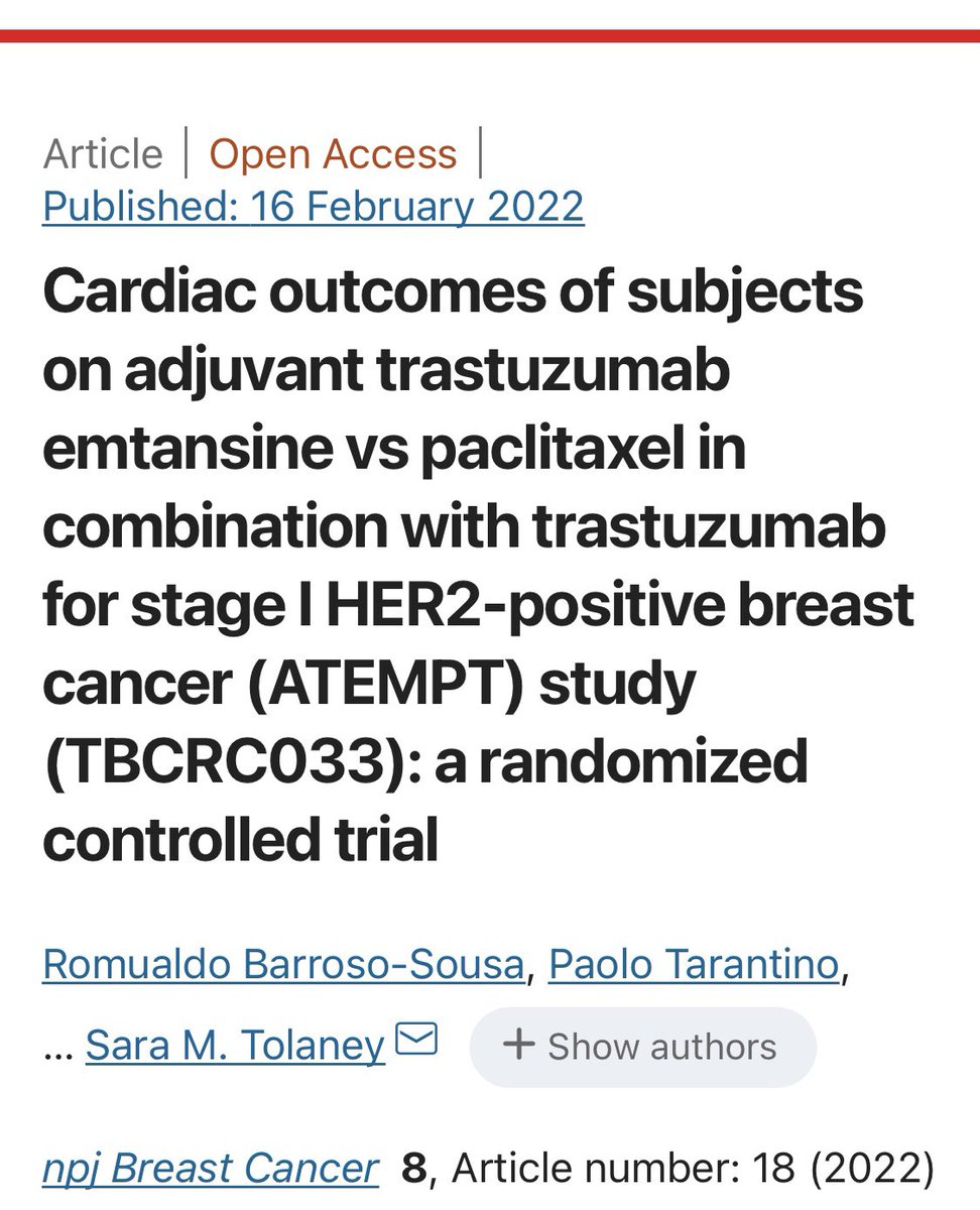 DFCI_BreastOnc's tweet photo. The #ATEMPT trial has demonstrated the outstanding survival achieved with adjuvant T-DM1 for stage I HER2+ BC
In this new article, @DrRBarroso & co-authors show that adjuvant T-DM1 (and TH) are also extremely safe in terms of cardiac outcomes
@Nature_NPJ
https://t.co/jOjAmZkyZz https://t.co/fPoE2awgNg