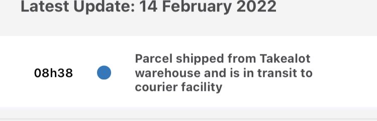 DavePilks's tweet photo. ⁦@TAKEALOT⁩ what is the point of tracking of it never gets updated? https://t.co/Sf9A3fDHDP