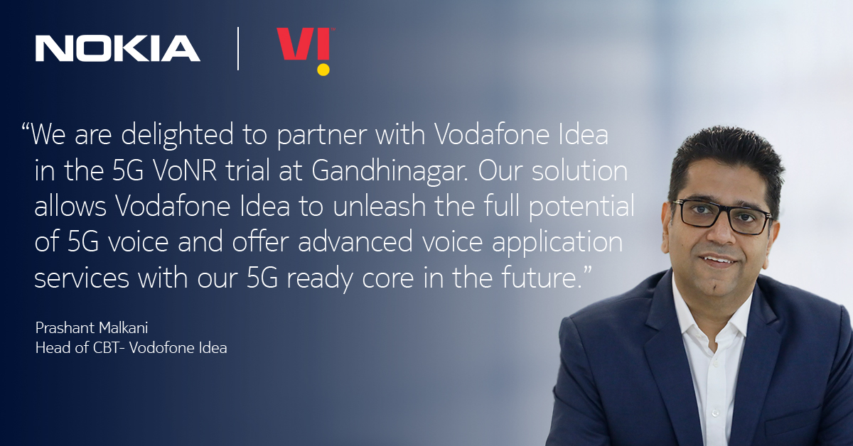 NokiaIndia's tweet photo. In collaboration with @VodaIdea_NEWS we successfully demonstrated 5G Voice over New Radio (VoNR) capability as part of our #5G trials in Gandhinagar. https://t.co/Orw55lu38w

#5GForABetterTomorrow #VoNR https://t.co/8DQu3kCpc8