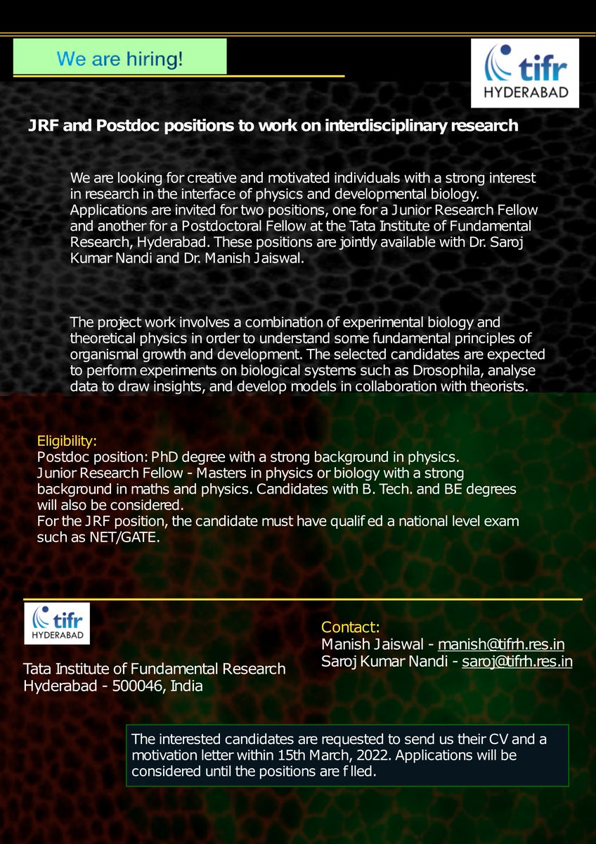 Interested to explore themes at the intersection of physics and developmental biology? We are #hiring! Applications are invited for two positions: Junior Research Fellow and Postdoctoral Fellow @TIFRH_buzz. The positions are available jointly with @sarojnandi1983 and @Manishj29.