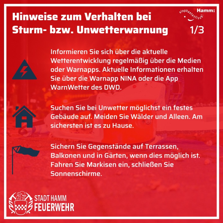 FeuerwehrHamm's tweet photo. 🚨 Der @DWD_presse hat Warnungen für unsere Stadt herausgegeben. Der Höhepunkt wird vorerst in der Nacht zum Donnerstag erreicht. Hier ist mit orkanartigen Böen 🌪 bis zu 110 km/h zu rechnen. In Schauernähe vereinzelt bis 120 km/h.
Passt auf euch auf!
#hamm112 #einsatzfuerhamm https://t.co/ZoqLmeYzfg