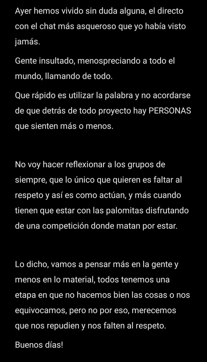 Una pequeña reflexión personal, seguramente me deje muchos otros pensamientos que tengo, pero por el echo de no alargar tanto esto. 

Ojalá nos haga entrar en razón a todos y de aquí al final, acabar bien las cosas. 

Buenos días! 🤟