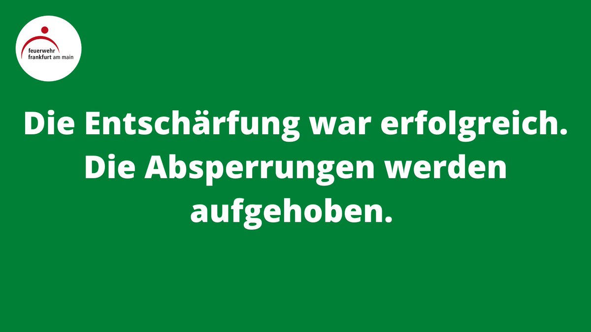 Die #Weltkriegsbombe am #Katharinenkreisel wurde erfolgreich entschärft. Alle Absperrungen werden jetzt aufgehoben. Vielen Dank für Mithilfe und Geduld. Wir wünschen einen guten Nachhauseweg.
#Entschärfung #Frankfurt #Bockenheim ^am