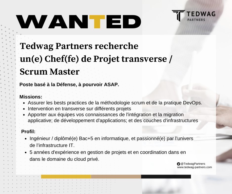 TedwagPartners's tweet photo. WanTed : Nous recherchons un(e) Chef(fe) de projet transverse / Scrum Master. Vous interviendrez entre les pôles Infrastructure, applicatif et Support IT. ⬇️

#chefdeprojet #Agile #Scrum #DevOps #Cloud #infrastructure https://t.co/RmByygKFnL